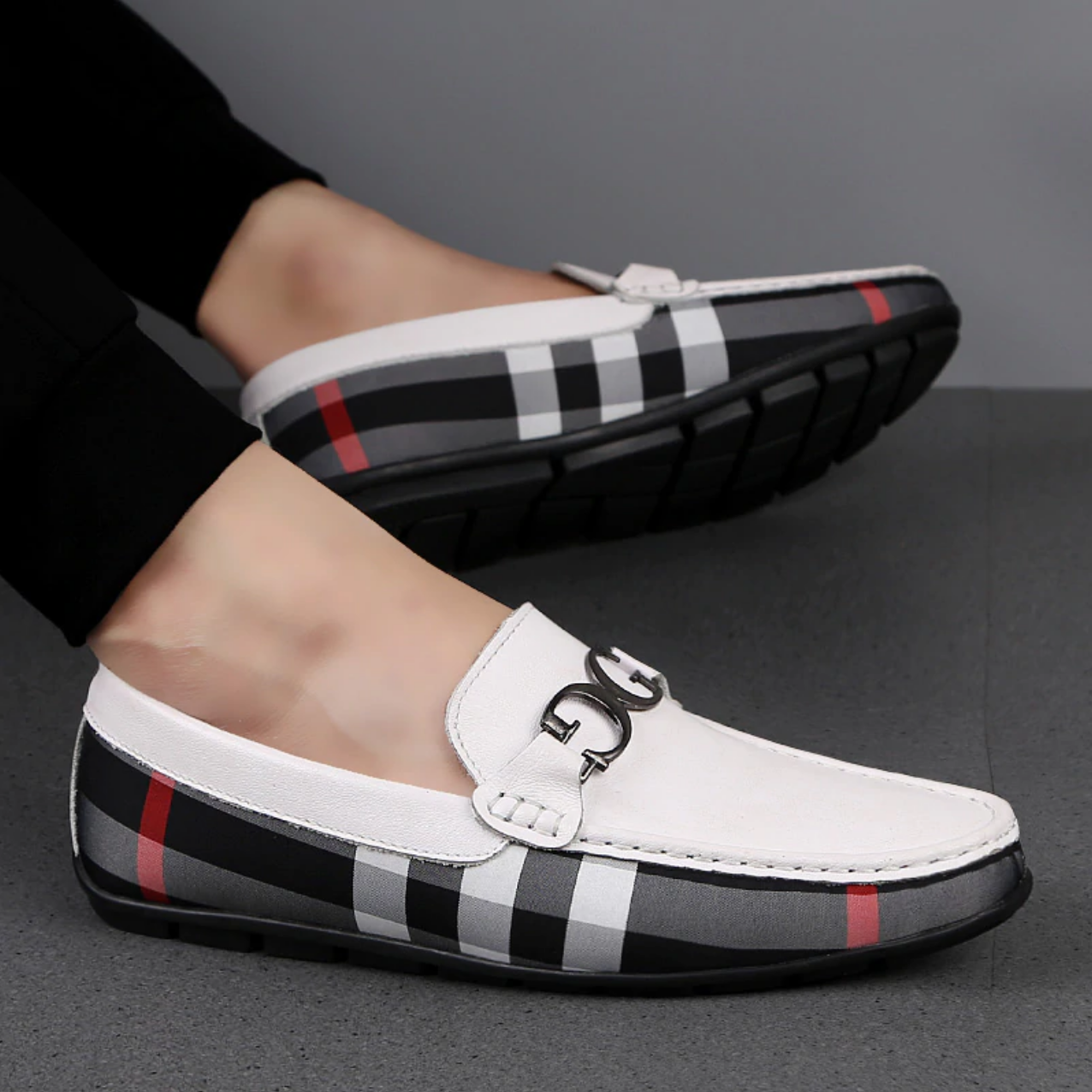 The Men White And Black Designer Check Loafer Shoes