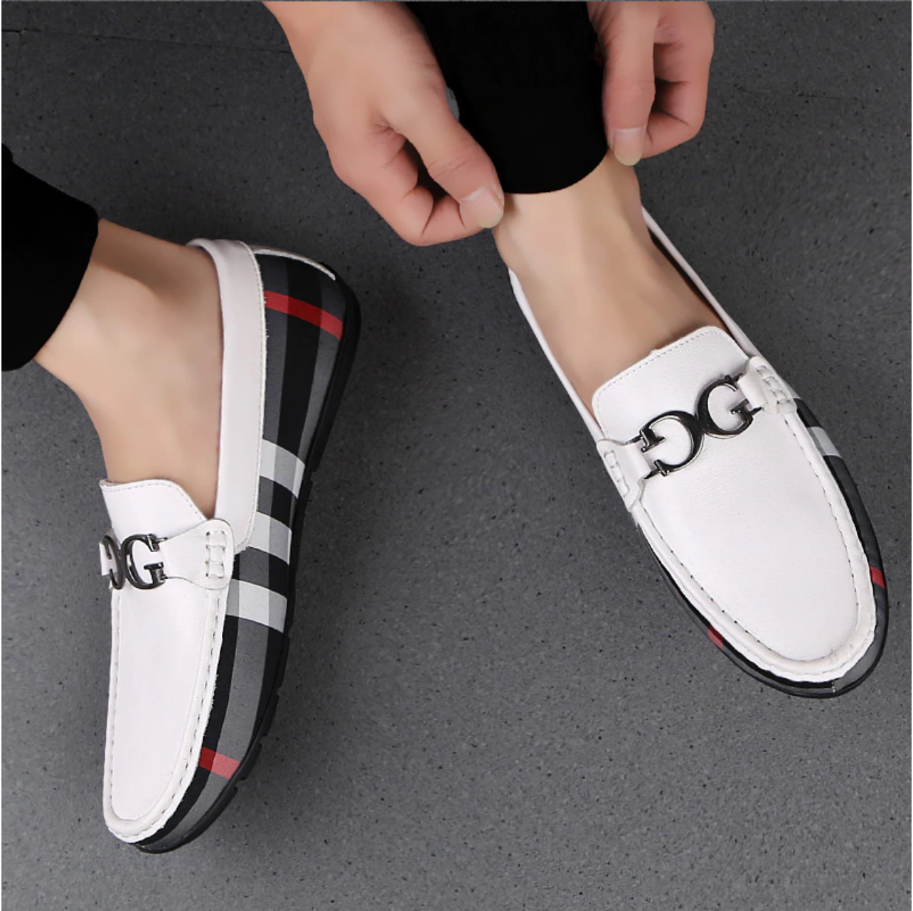 The Men White And Black Designer Check Loafer Shoes