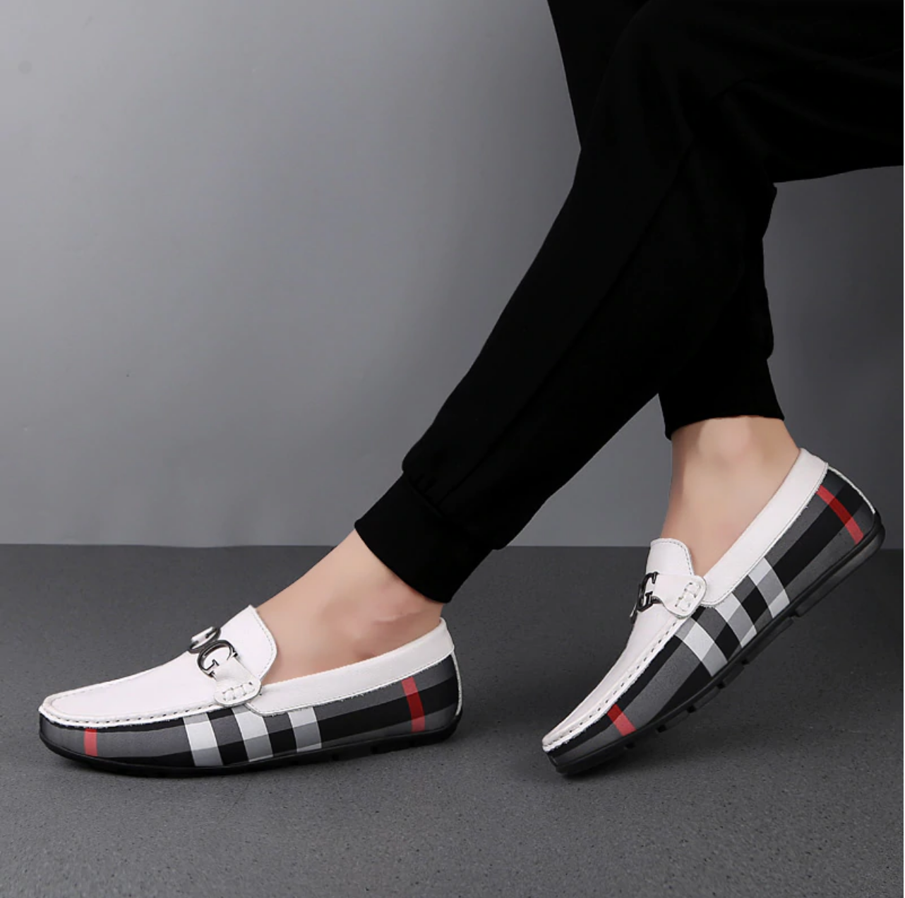 The Men White And Black Designer Check Loafer Shoes