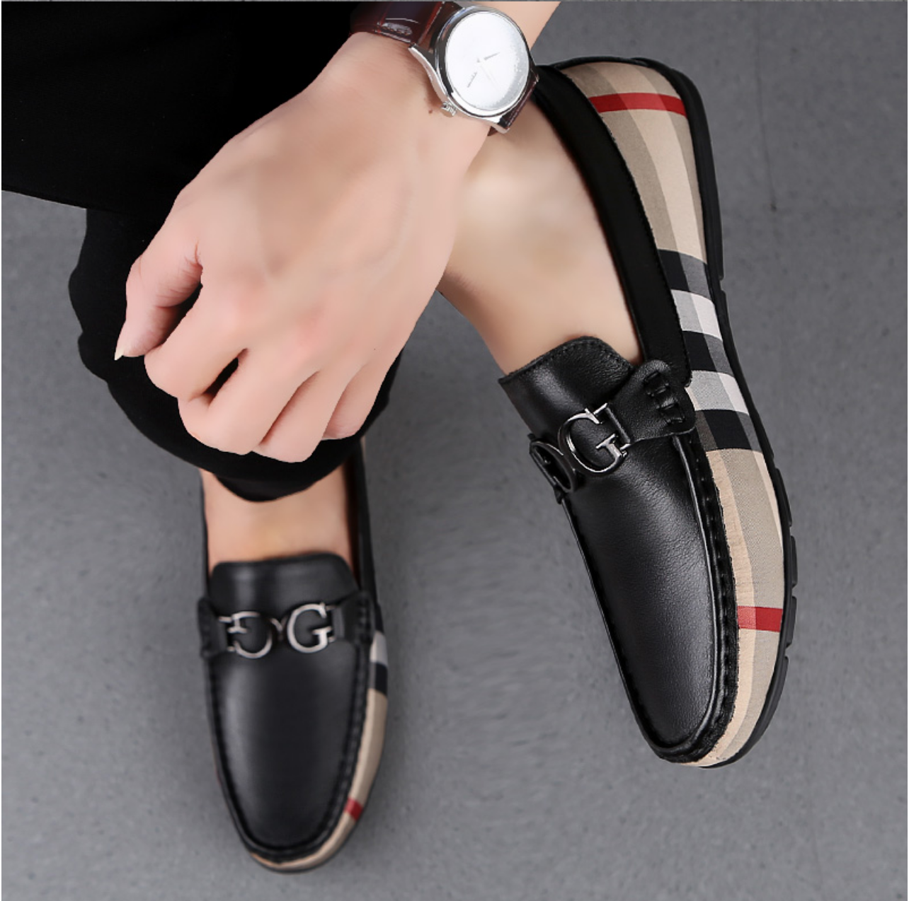 The Men Black And Brown Designer Check Loafer Shoes