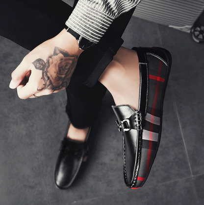 The Men Black And Dark Red Designer Check Loafer Shoes