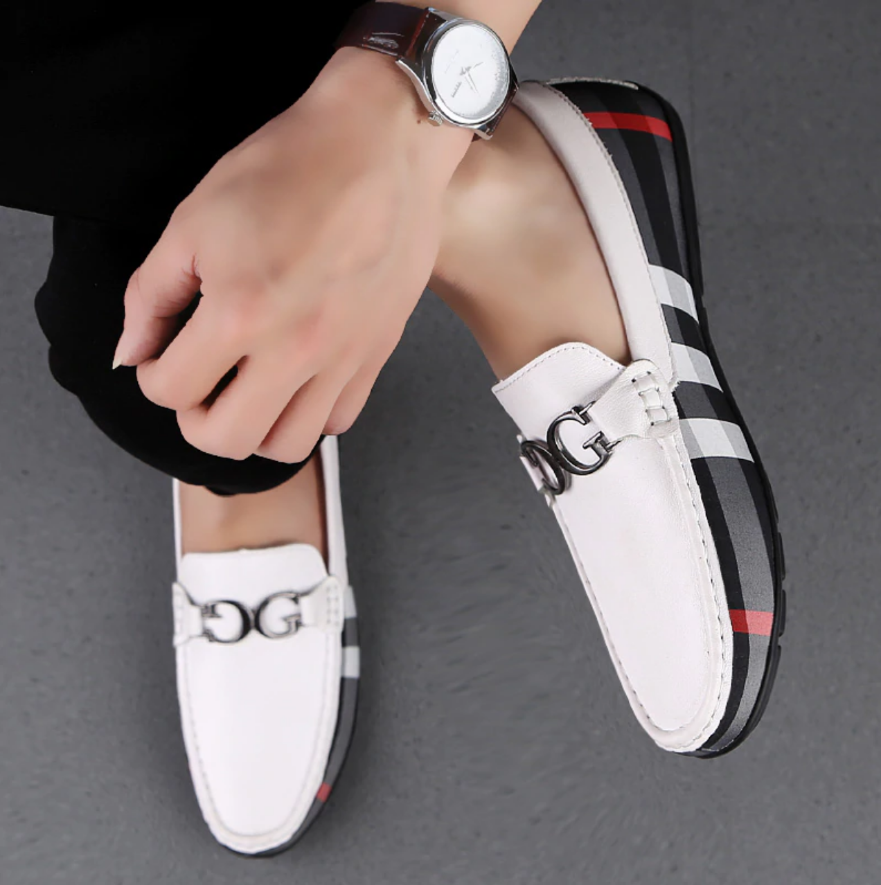 The Men White And Black Designer Check Loafer Shoes