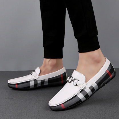The Men White And Black Designer Check Loafer Shoes