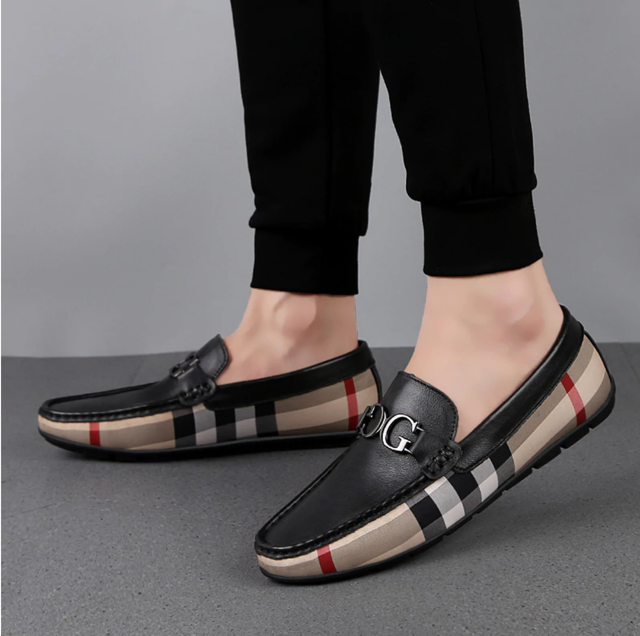 The Men Black And Brown Designer Check Loafer Shoes